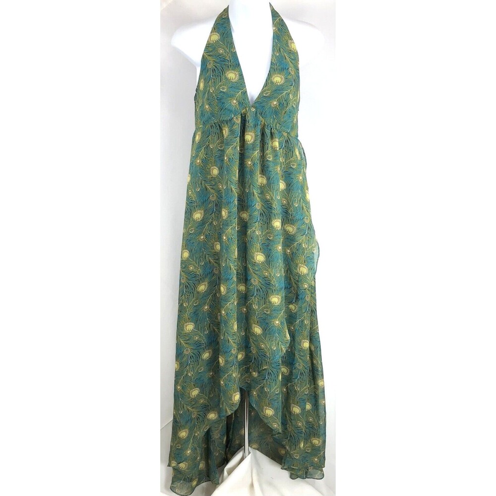 Liberty of London Chiffon Halter Dress 2 Peacock Floral Layers Hi Lo Glam Beach